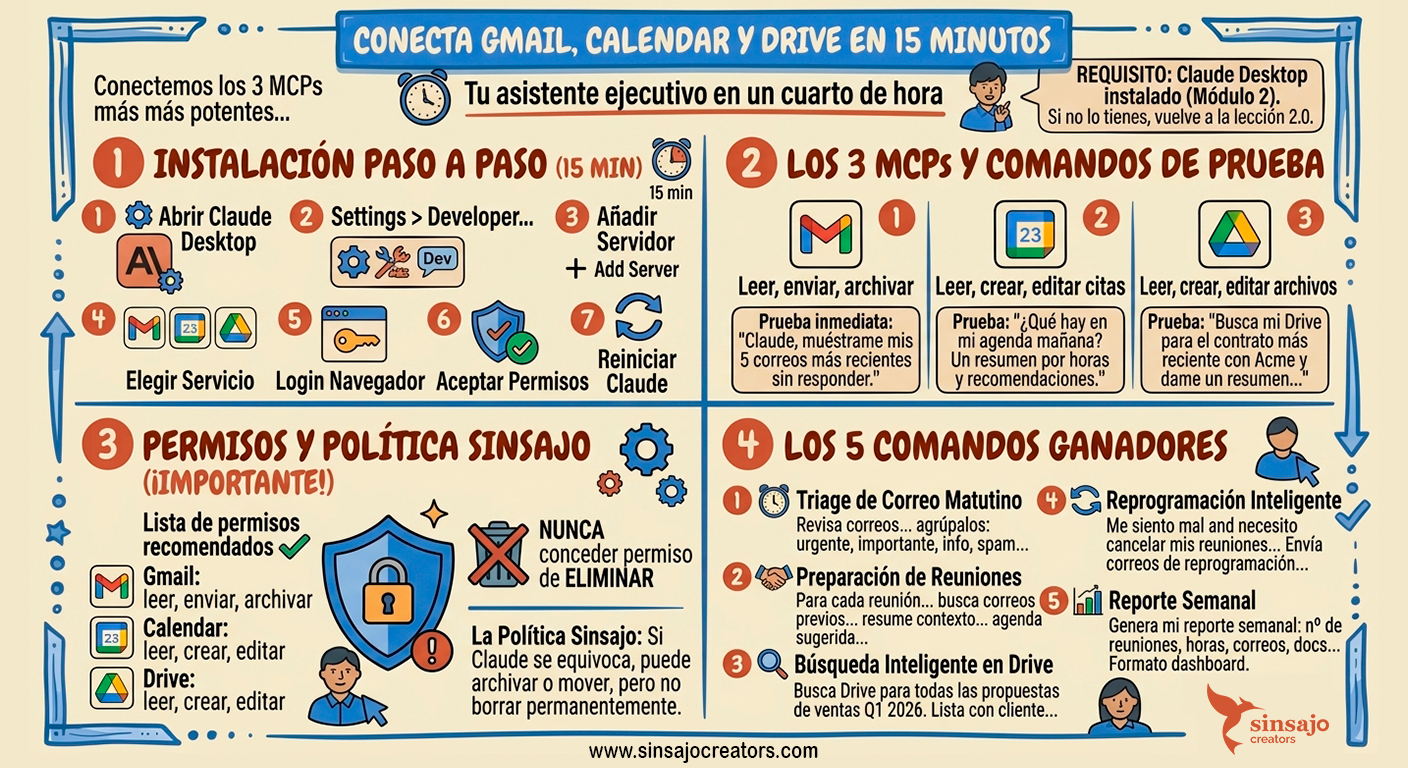 Resumen de la Lección: Conectar Gmail, Calendar y Drive en 15 minutos