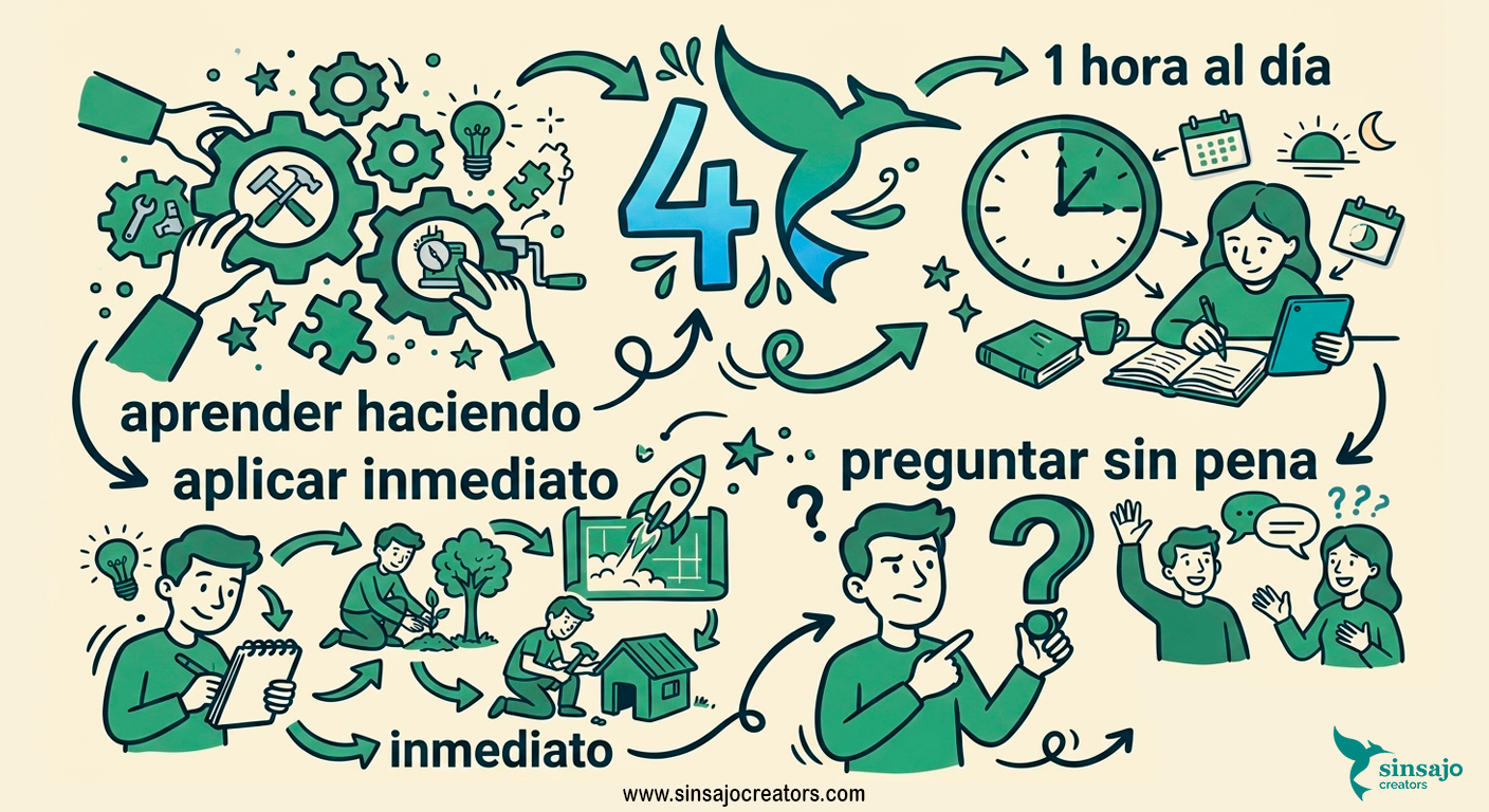 Sketch note: 4 reglas Sinsajo - aprender haciendo, 1 hora al día, aplicar inmediato, preguntar sin pena
