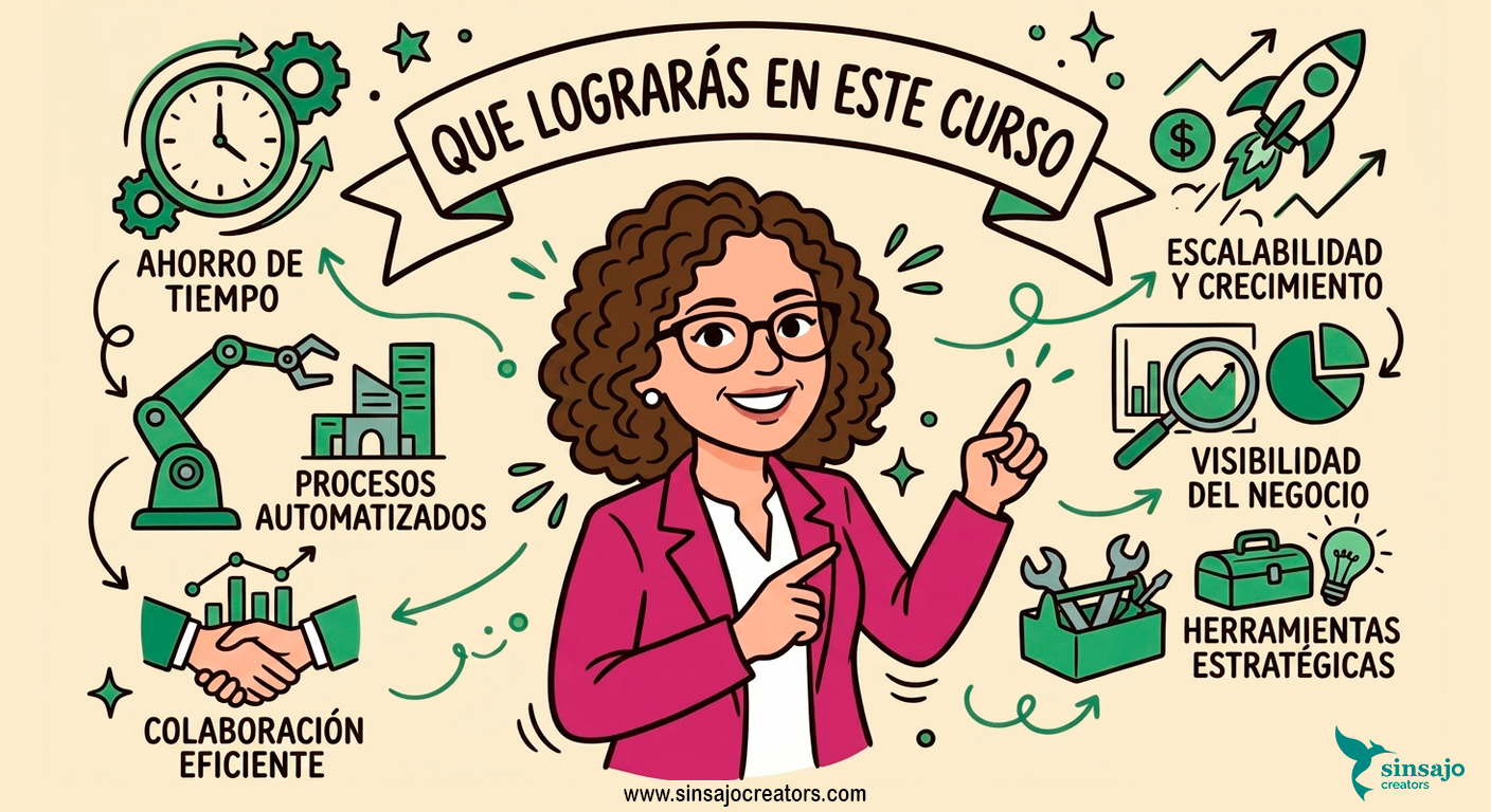 Gio CEO de Sinsajo presentando el curso con energía, rodeada de iconos de automatización y negocio