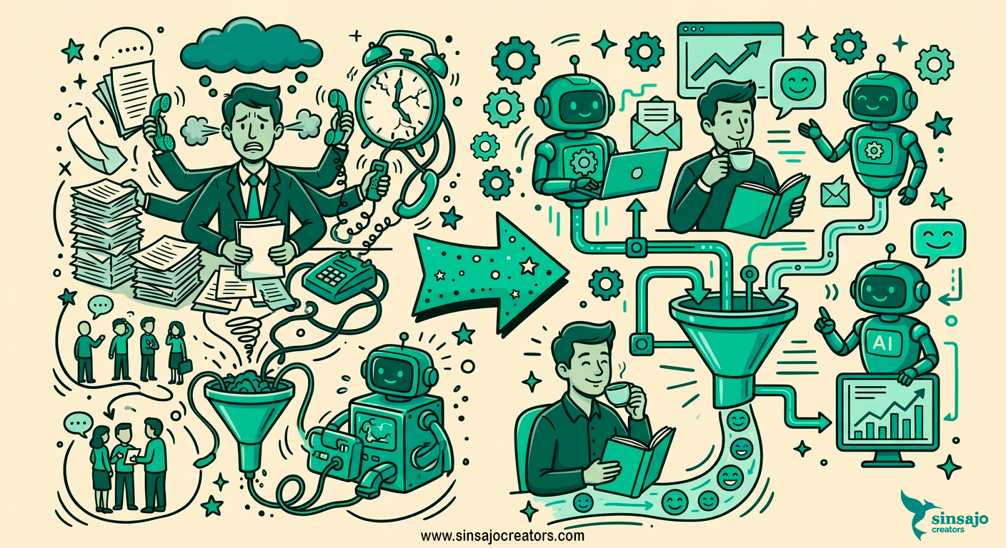 Antes y después sketch note: negocio saturado vs negocio automatizado con agentes IA