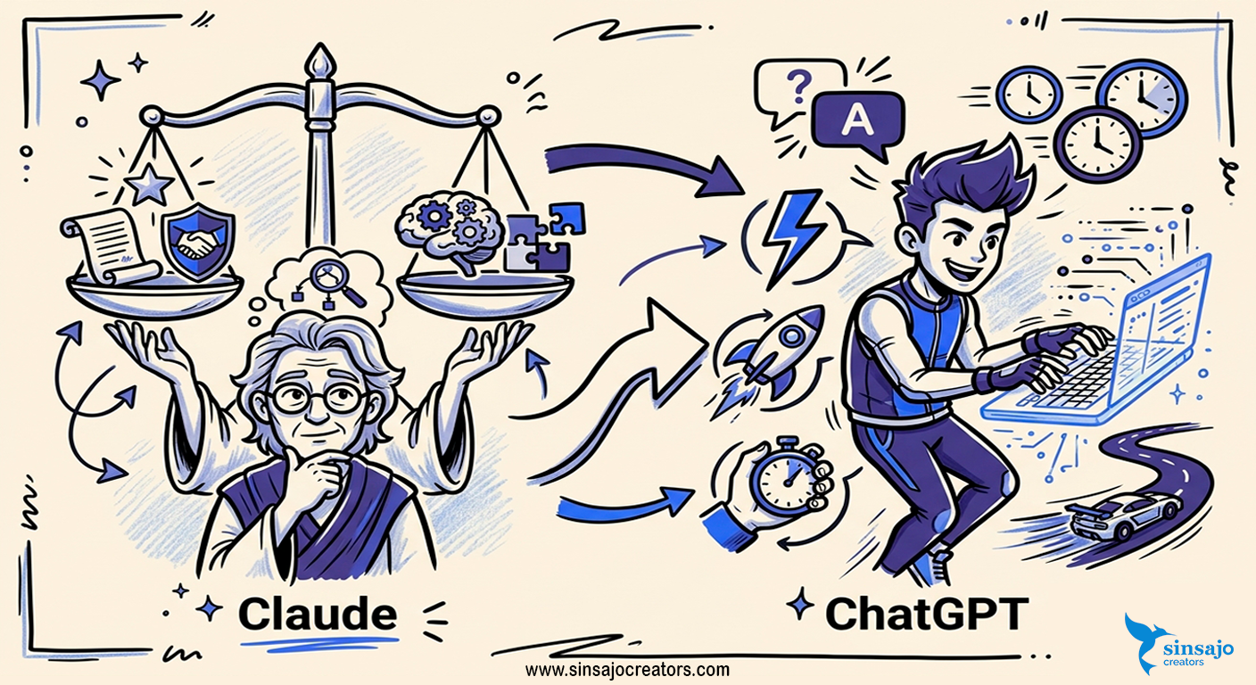 Sketch note comparando Claude vs ChatGPT - Claude con balanza de ética y razonamiento, ChatGPT con iconos de velocidad