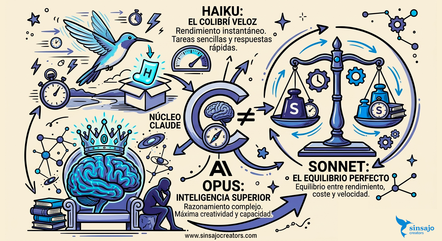Sketch note con los 3 modelos Claude - Haiku (colibri rápido), Sonnet (balanza), Opus (cerebro con corona)