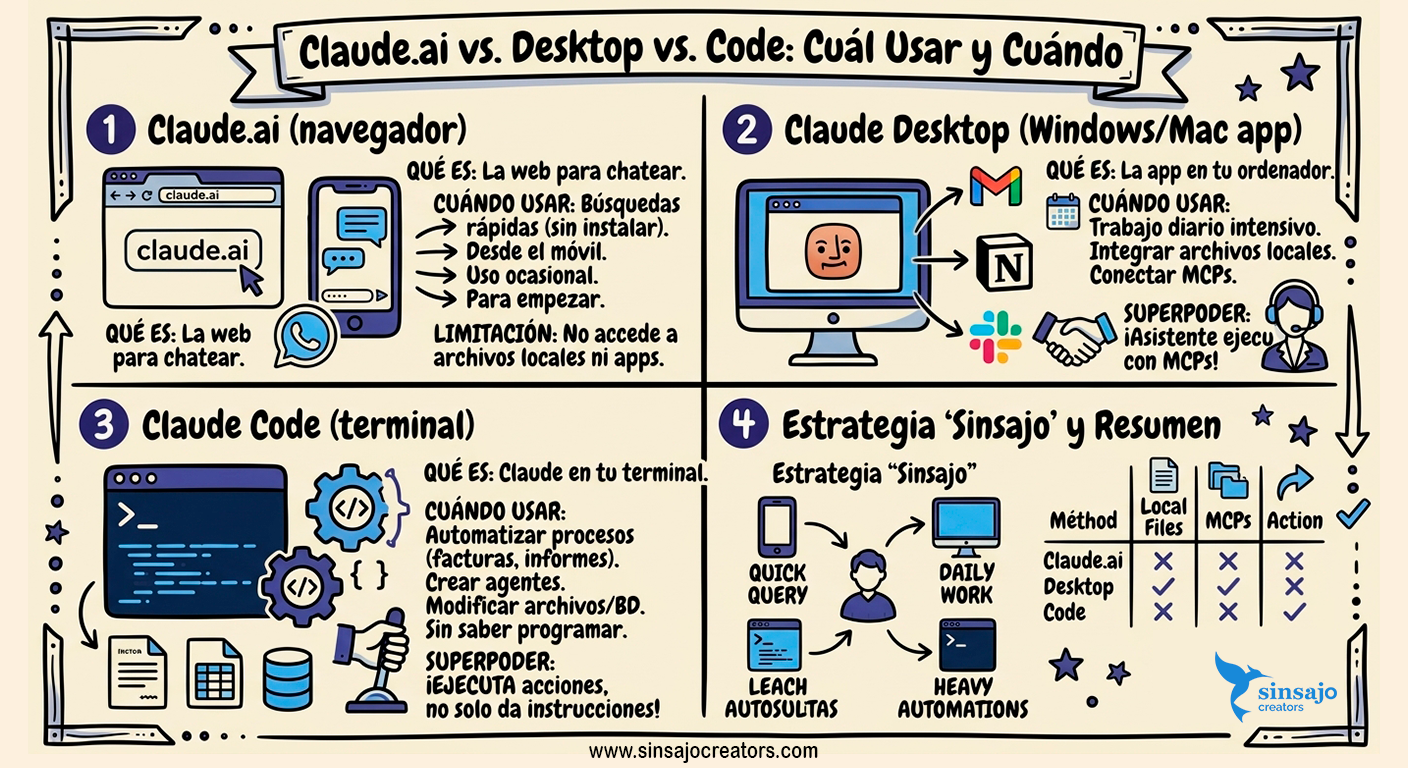 Resumen de la Lección: Claude.ai, escritorio, Cowork y Code: cuál usar y cuándo