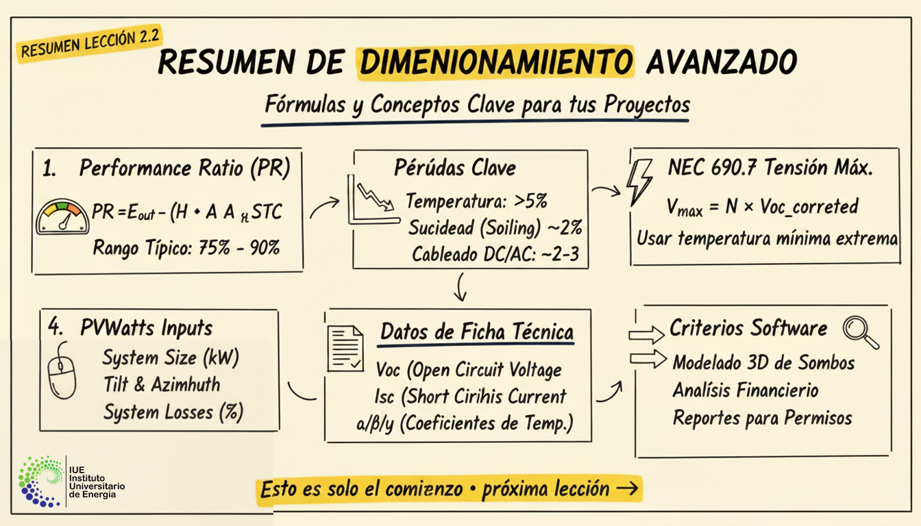 Resumen de la Lección: Dimensionamiento Avanzado con PVWatts y Software