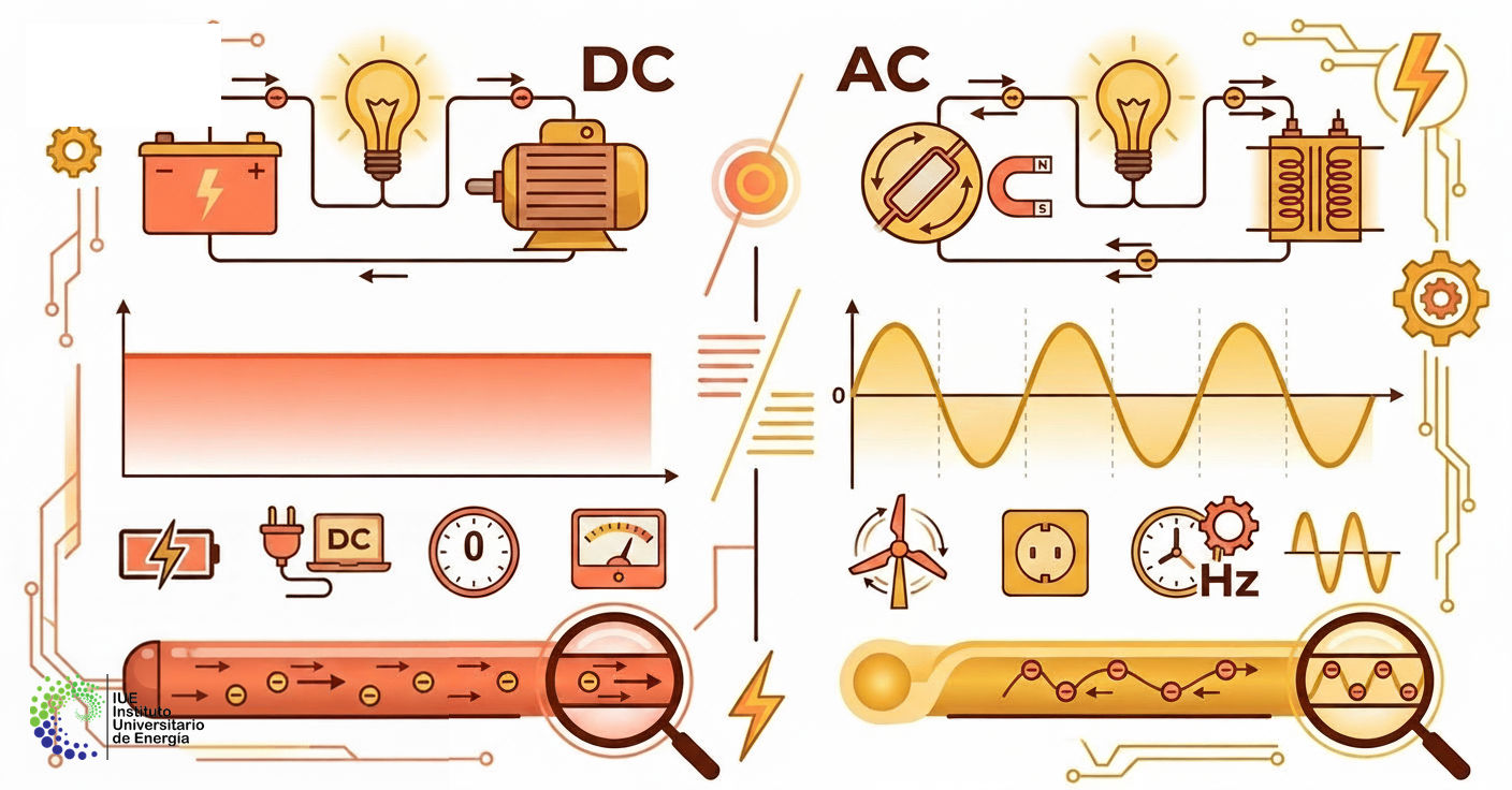 Comparación de formas de onda DC (línea horizontal constante) y AC (onda sinusoidal) con sus características
