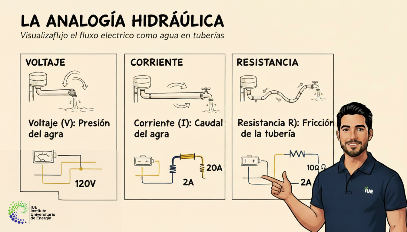 Diagrama comparando sistema hidráulico con circuito eléctrico mostrando presión-voltaje, caudal-corriente y fricción-resistencia