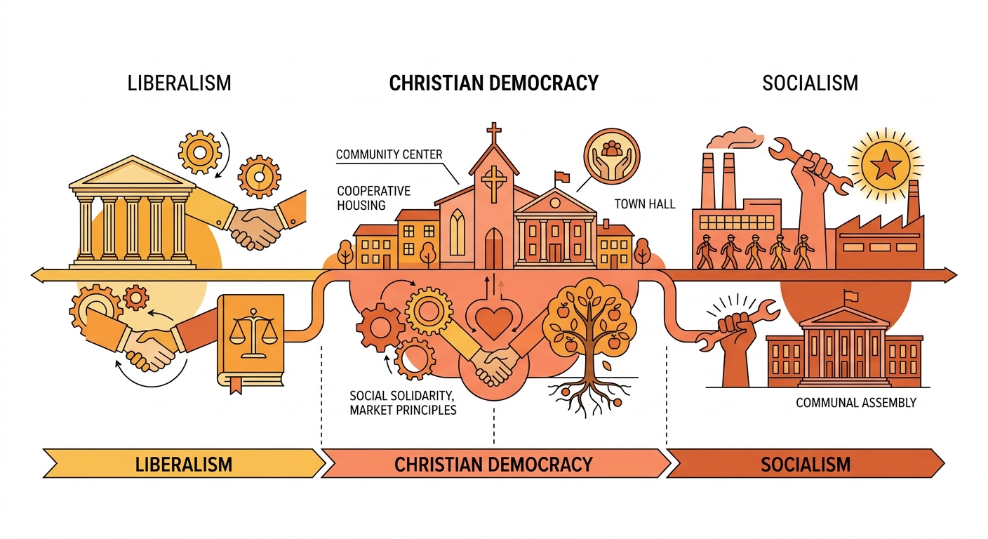 Espectro político mostrando la posición original de la Democracia Cristiana en el centro, con sus diferencias respecto al liberalismo y al socialismo