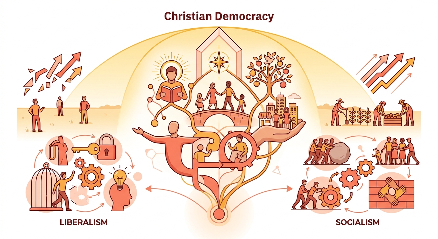 Diagrama conceptual de la Democracia Cristiana como síntesis original que supera el liberalismo y el socialismo desde el personalismo