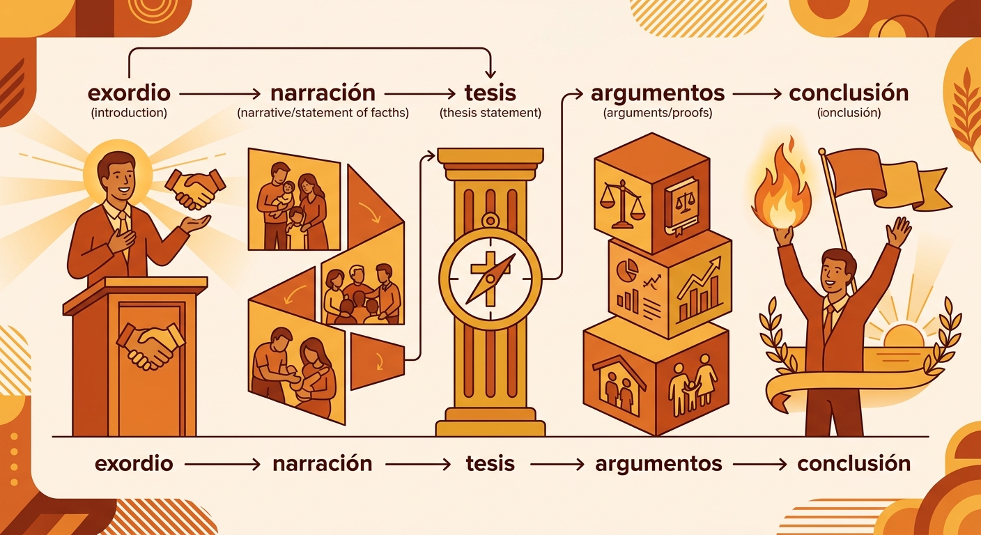 Diagrama de la estructura clásica del discurso político demócrata cristiano: exordio, narración, tesis, argumentos y conclusión