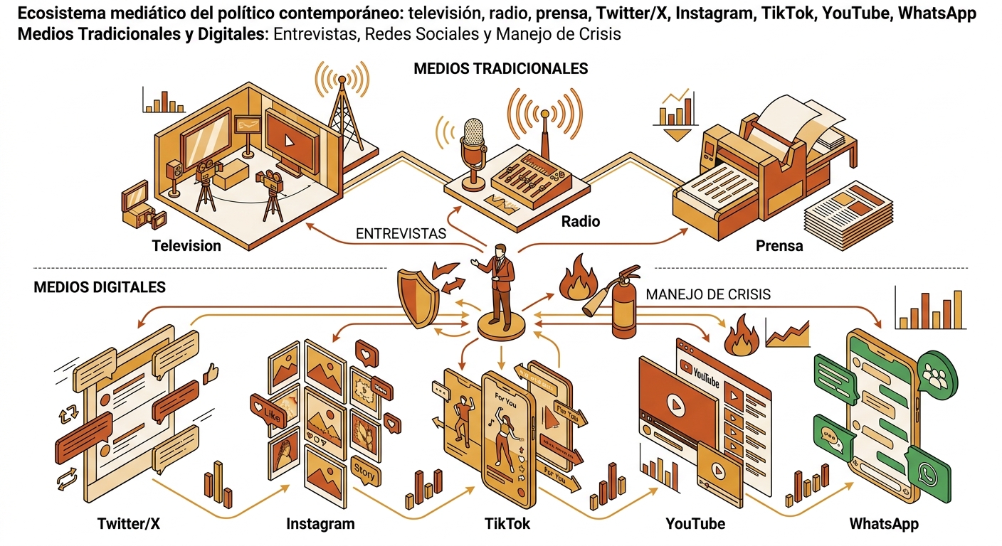 Ecosistema mediático del político contemporáneo: televisión, radio, prensa, Twitter/X, Instagram, TikTok, YouTube, WhatsApp