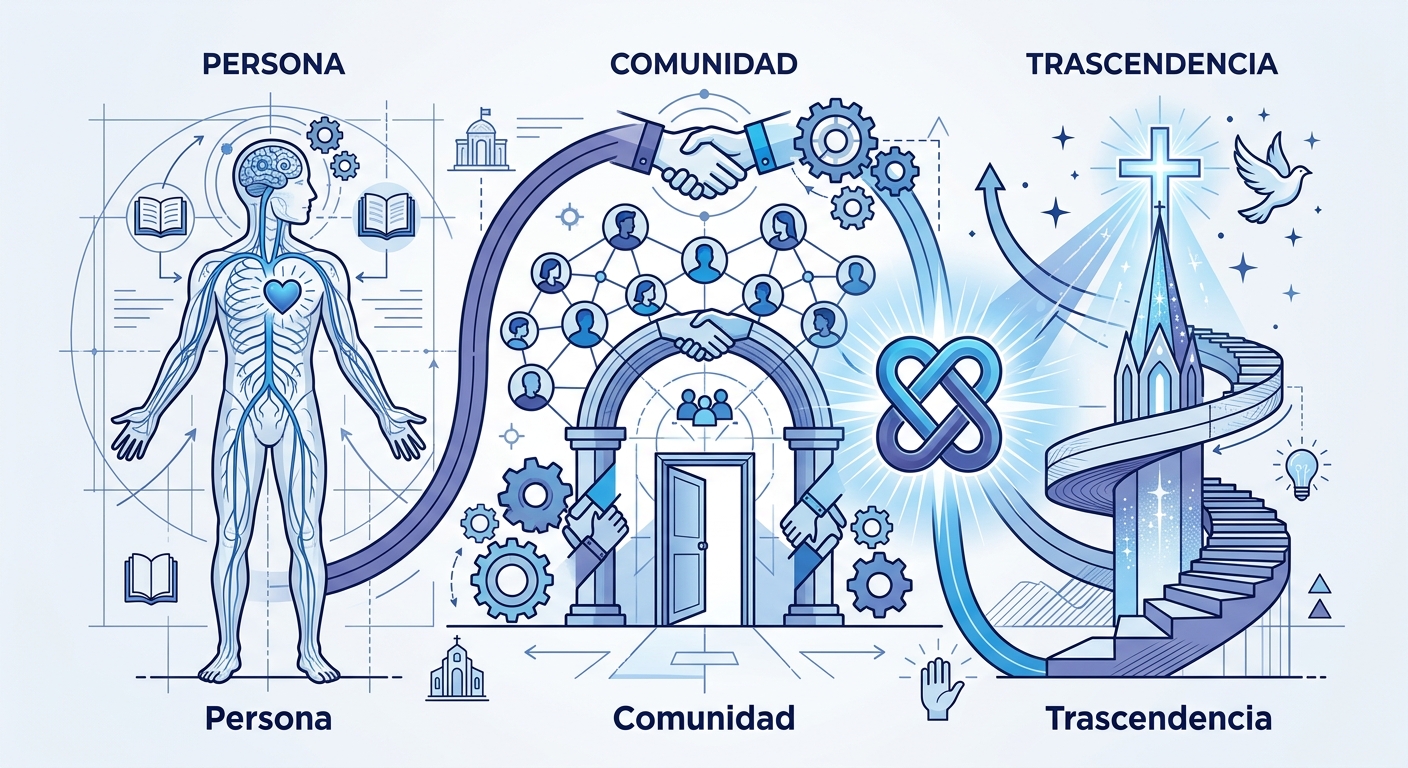 Síntesis visual de los tres pilares del humanismo cristiano: persona, comunidad y trascendencia