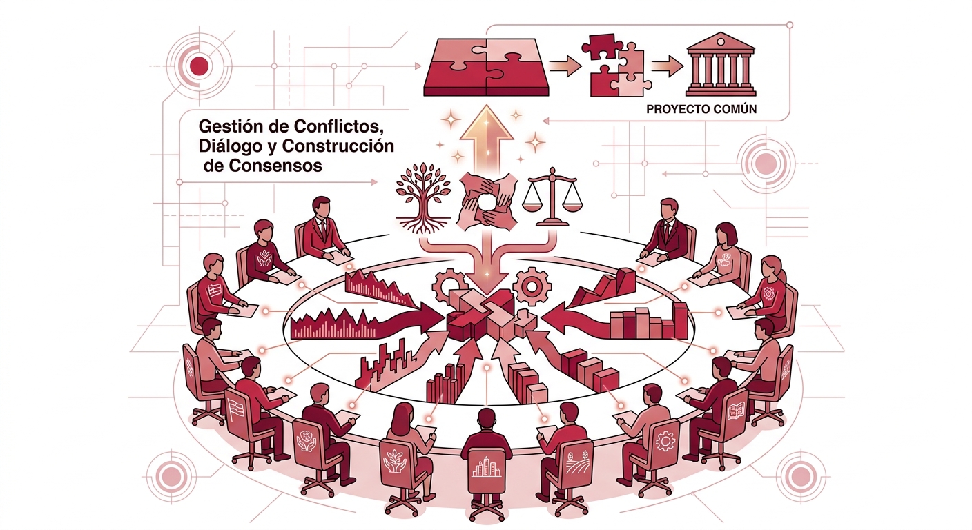 Mesa de diálogo político con participantes de distintas posiciones, representando la construcción de consensos demócrata cristiana