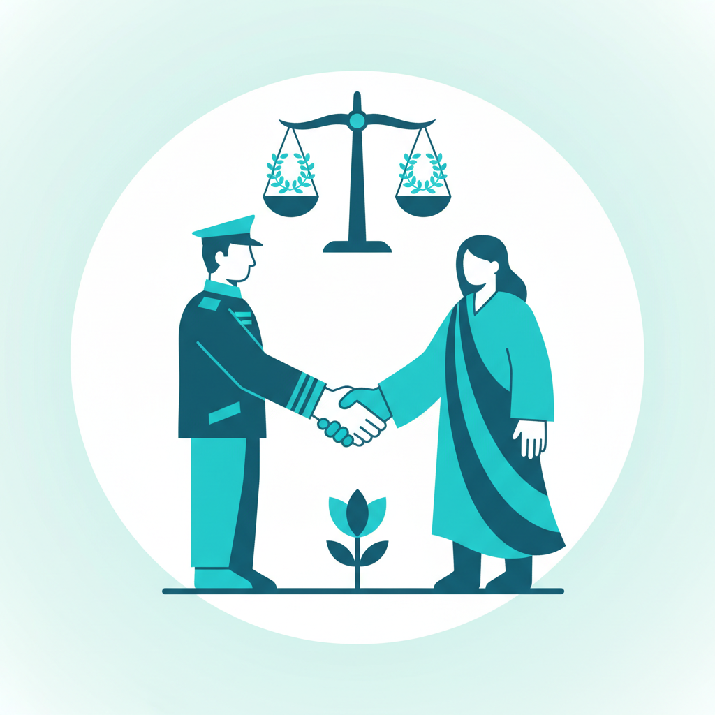 Ilustración simbólica de una transición democrática pacífica: un apretón de manos entre el poder militar y el civil bajo una balanza de la justicia