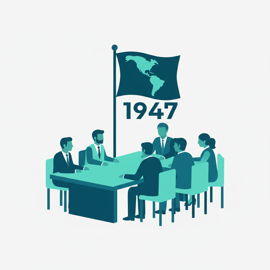 Ilustración de la fundación de la ODCA en Montevideo en 1947, con dirigentes reunidos alrededor de una mesa y una bandera con el continente americano