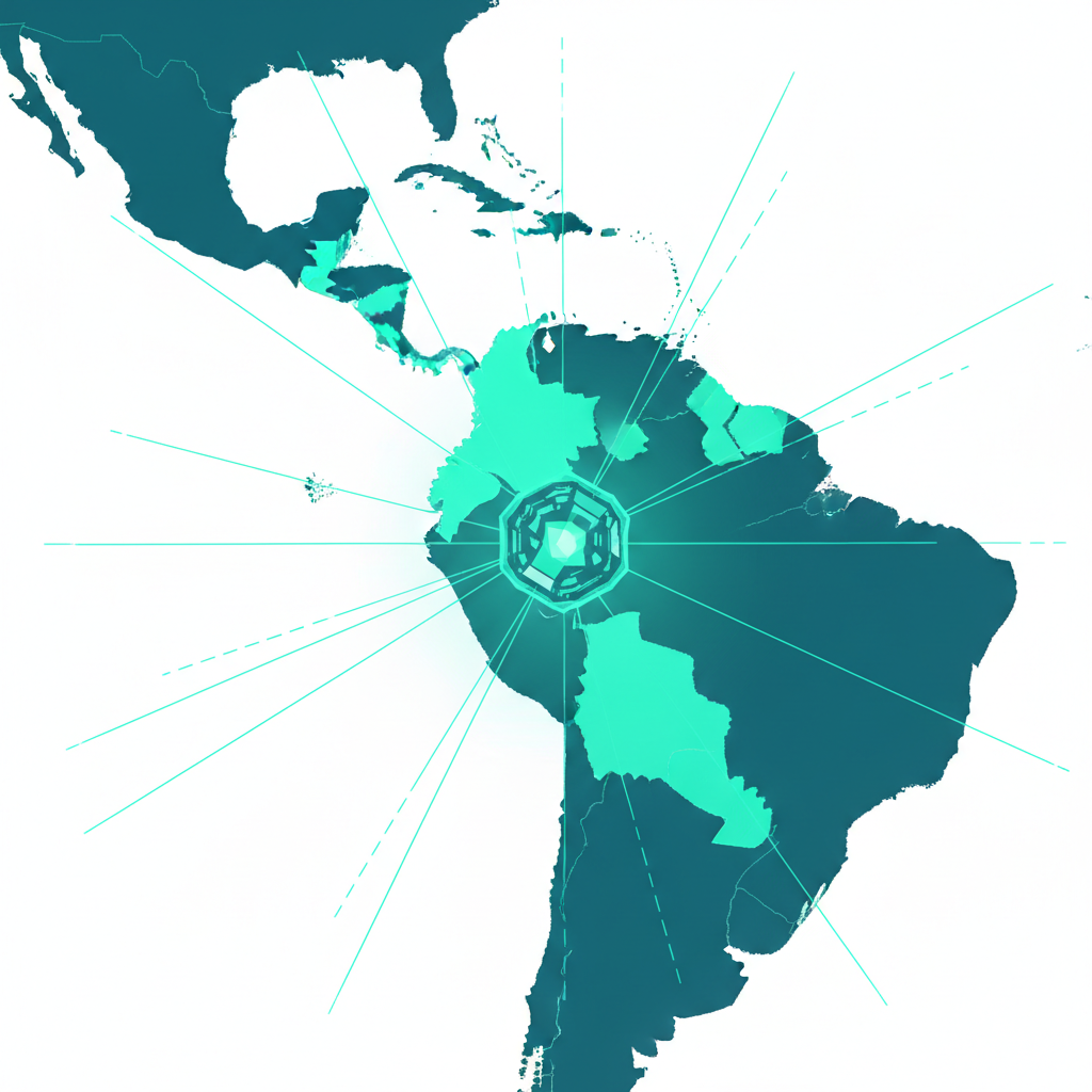 Mapa de América Latina destacando los países con partidos demócrata cristianos miembros de la ODCA, conectados por líneas que convergen en un punto central