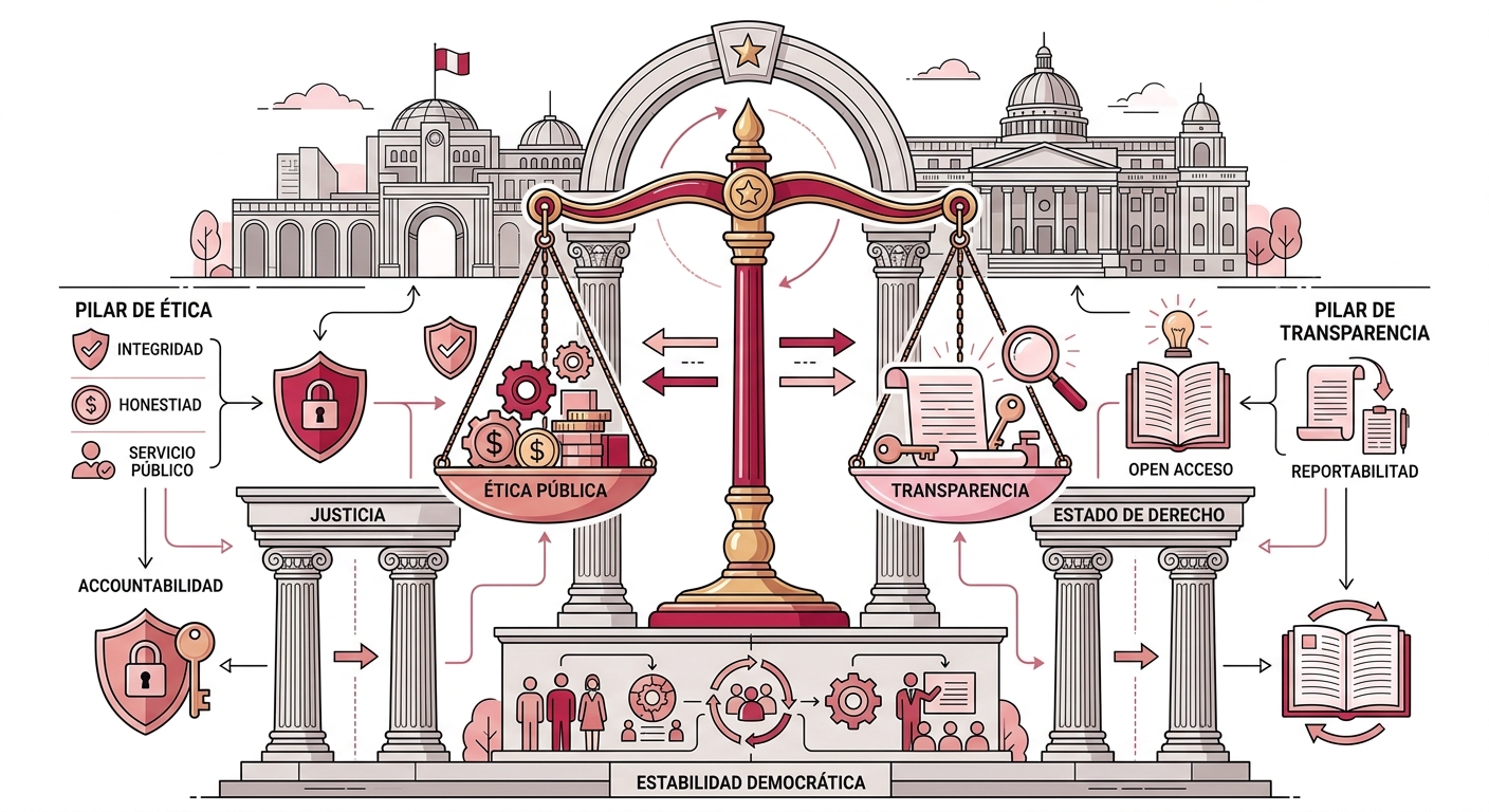 Balanza de la justicia sobre fondo de edificios públicos, representando la ética pública y la transparencia como pilares de la democracia