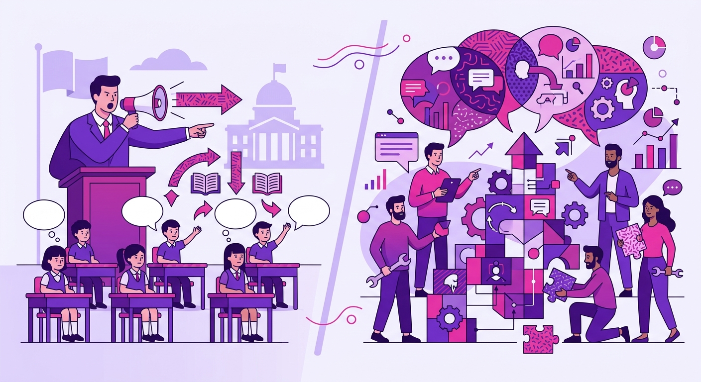 Comparación entre pedagogía infantil (transmisión) y andragogía adulta (construcción experiencial) en contextos de formación política