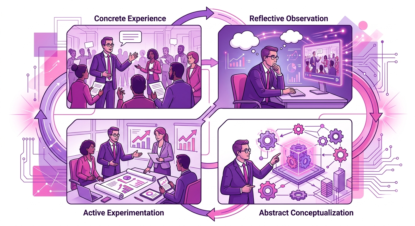 Ciclo de aprendizaje experiencial de Kolb: experiencia concreta, observación reflexiva, conceptualización abstracta, experimentación activa
