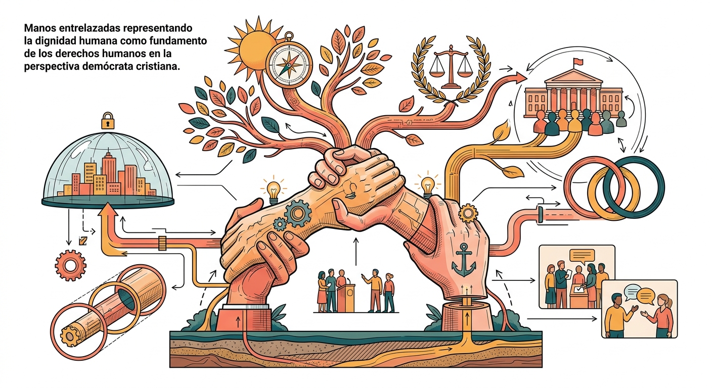 Manos entrelazadas representando la dignidad humana como fundamento de los derechos humanos en la perspectiva demócrata cristiana