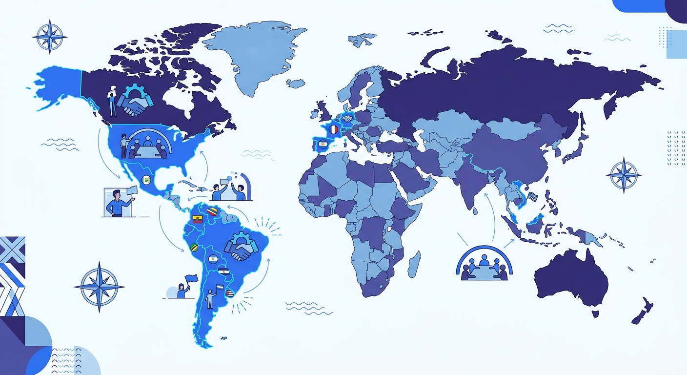 Mapa del continente americano con partidos miembros de la ODCA y sus países de origen