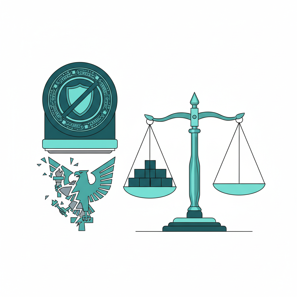 Ilustración conceptual de un sello oficial cancelando la personería jurídica de un partido político, con una balanza de la justicia inclinada