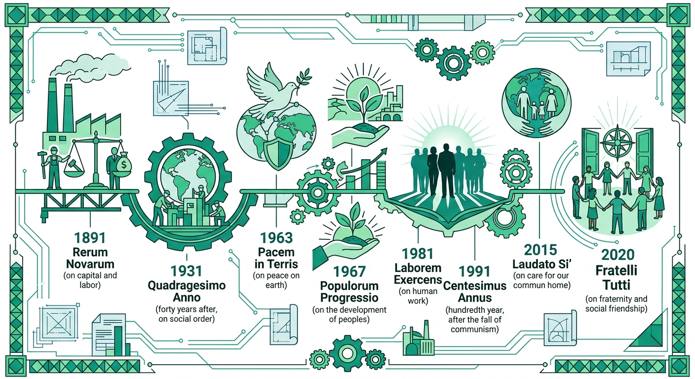 Línea de tiempo de las principales encíclicas sociales desde Rerum Novarum 1891 hasta Fratelli Tutti 2020