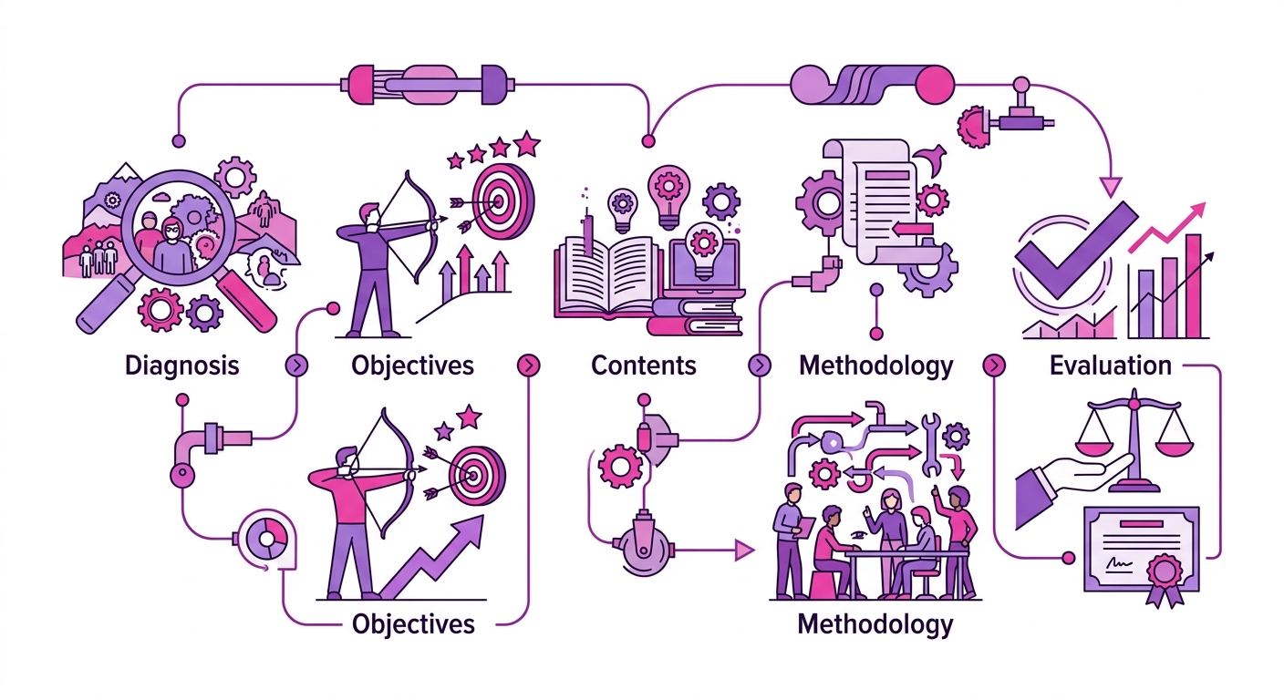 Diagrama del proceso de diseño curricular de una escuela de formación política: diagnóstico, objetivos, contenidos, metodología, evaluación