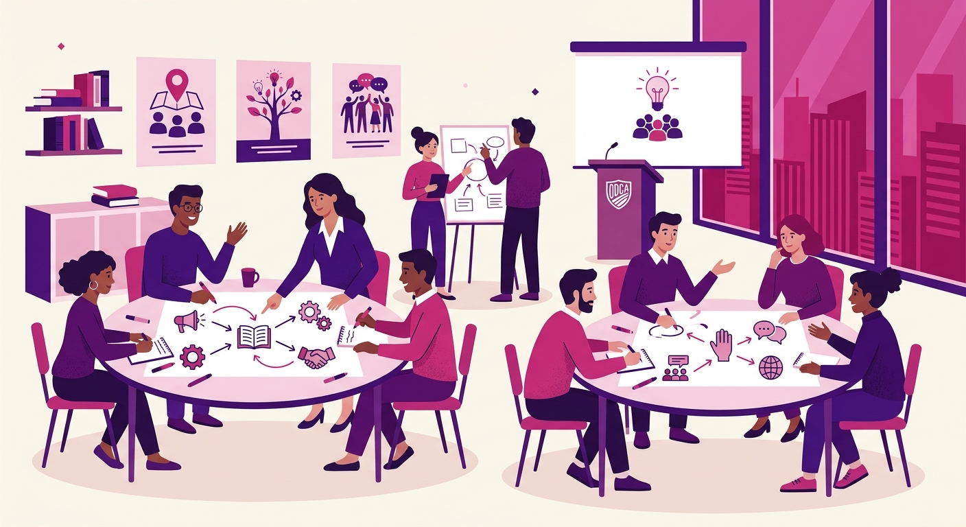 Participantes de una escuela de formación política en dinámica grupal, representando el modelo de formación presencial e intensivo de la ODCA