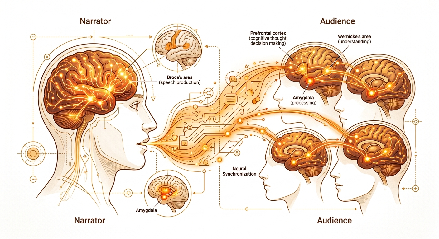 Cerebro activado durante una narrativa política efectiva, mostrando la sincronización neuronal entre narrador y audiencia