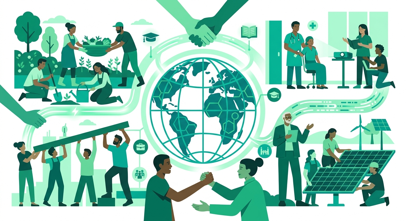 Ilustración de la solidaridad global como red de interdependencia y responsabilidad mutua entre personas y pueblos