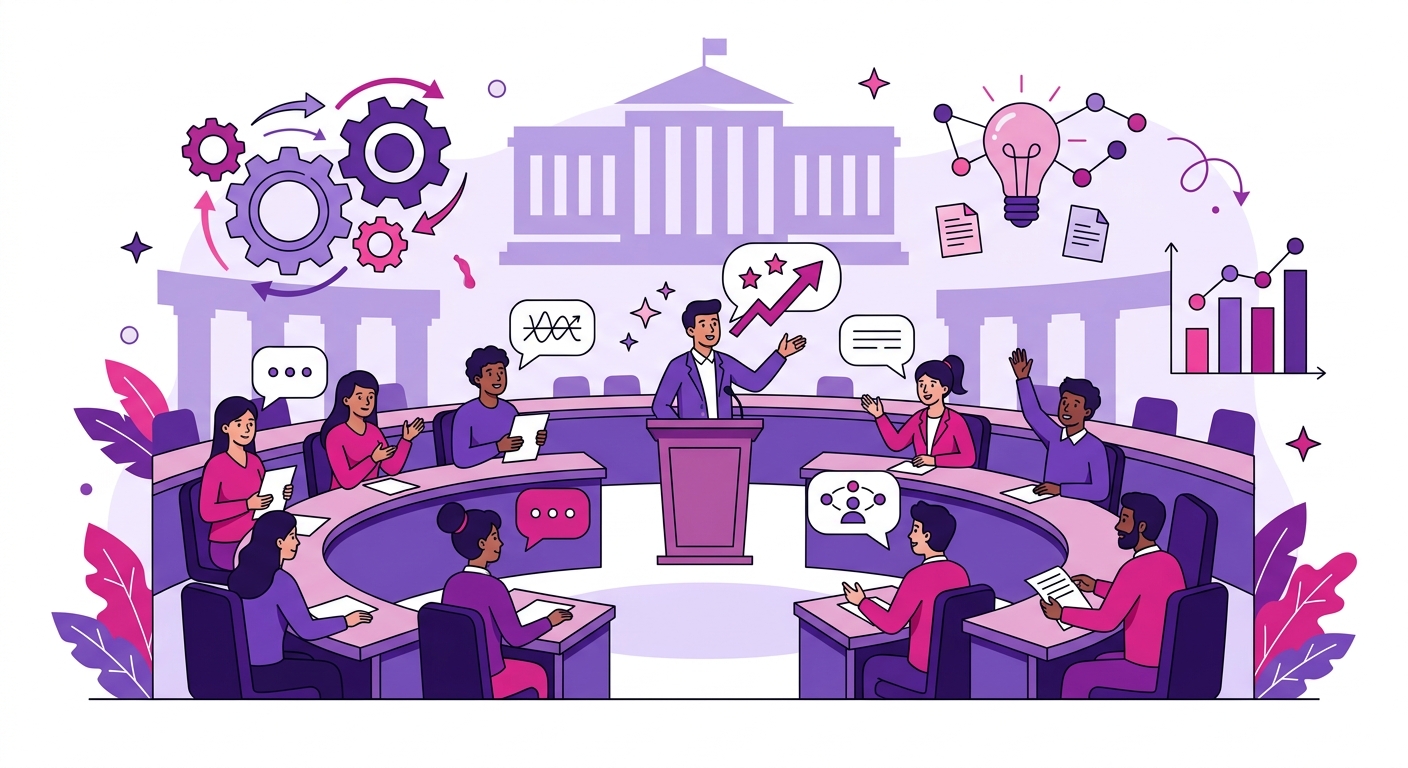 Jóvenes participantes en una simulación legislativa, practicando debates parlamentarios en una escuela de formación política