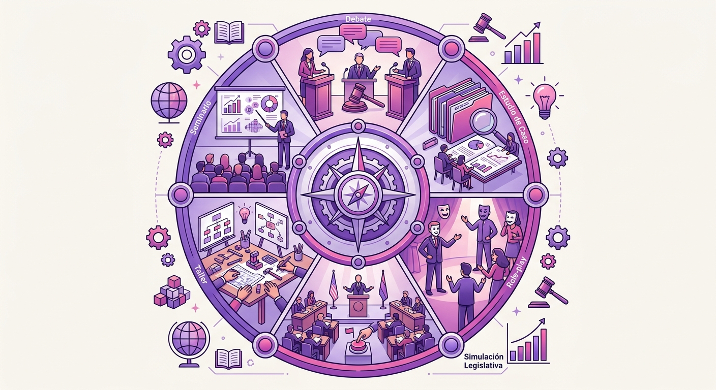Rueda de técnicas didácticas para formación política: debate, caso, role-play, simulación, taller, seminario