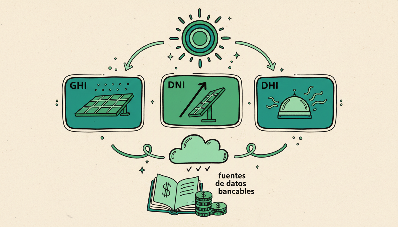 Recurso solar: GHI, DNI, DHI y fuentes de datos bancables