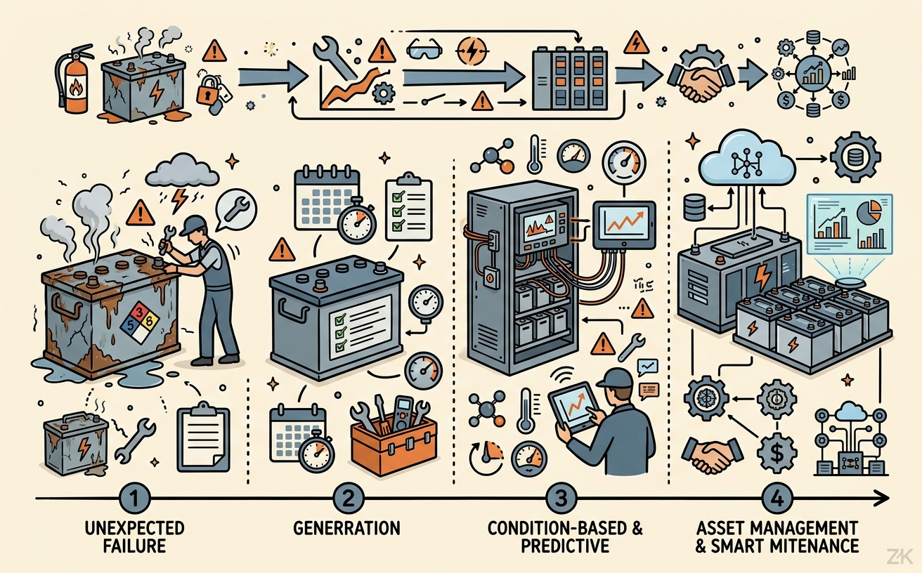 Línea de tiempo con las cuatro generaciones del mantenimiento industrial desde 1940 hasta la actualidad con iconos planos