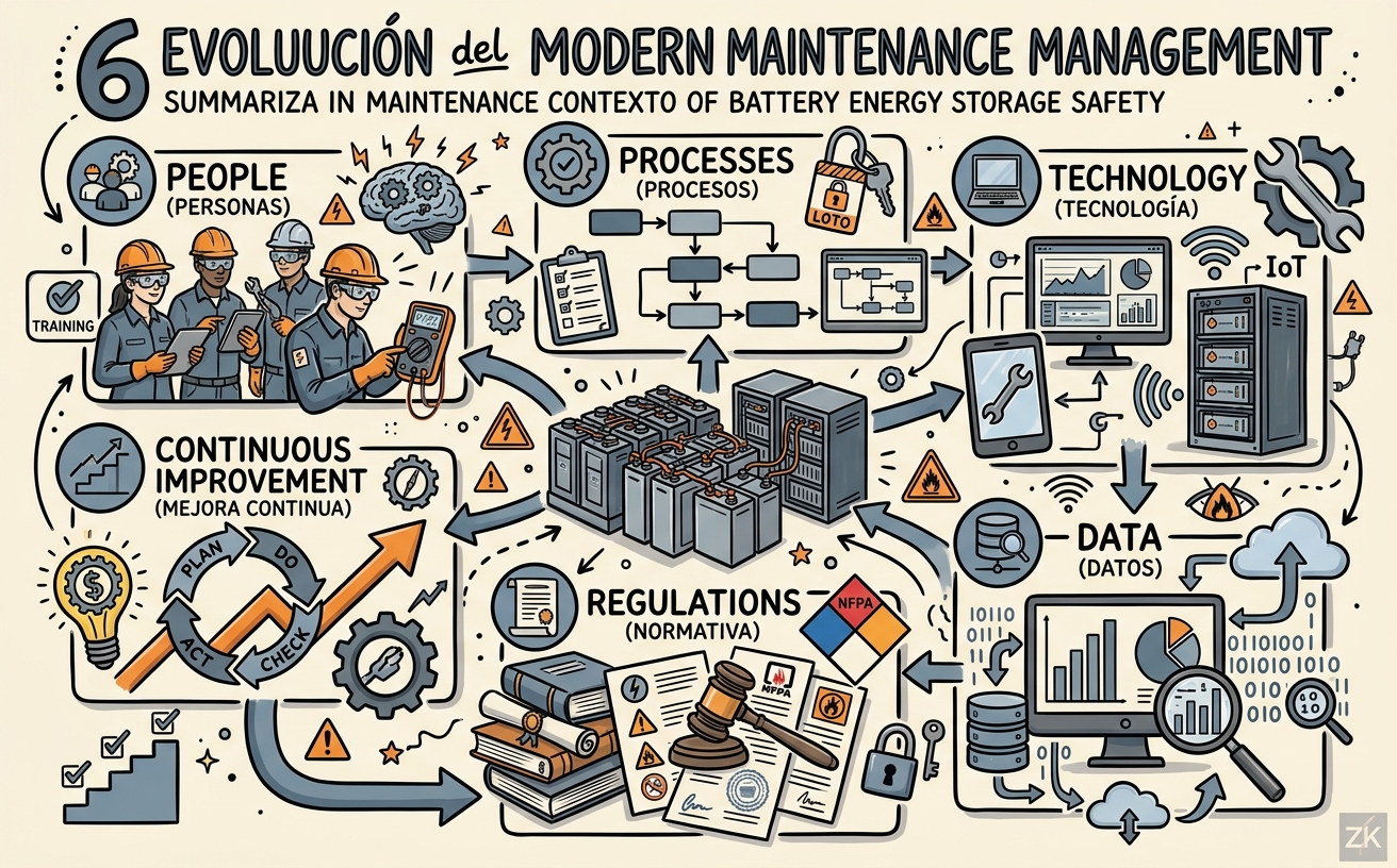 Infografía de las seis dimensiones de la gestión moderna del mantenimiento: personas, procesos, tecnología, datos, normativa y mejora continua