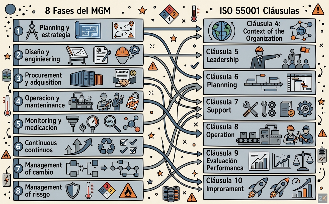 Tabla de mapeo mostrando cómo las 8 fases del MGM se corresponden con las cláusulas 4 a 10 de ISO 55001 gestión de activos