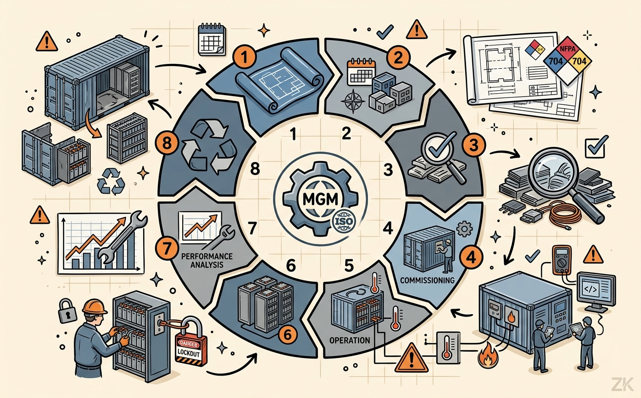 Diagrama circular del modelo MGM con las 8 fases numeradas del 1 al 8 conectadas por flechas en un ciclo cerrado