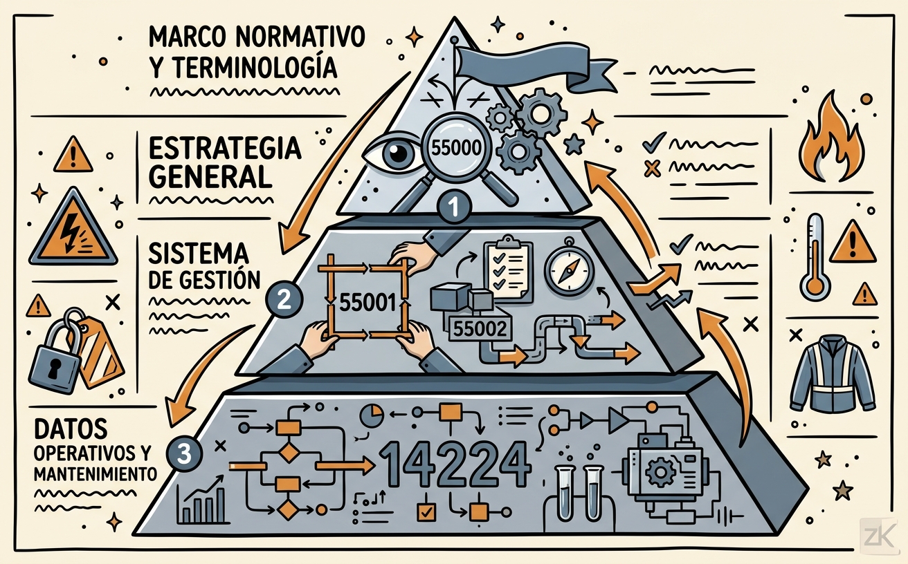 Pirámide jerárquica de las normas ISO de gestión de activos y mantenimiento con ISO 55000 en la cima y ISO 14224 en la base