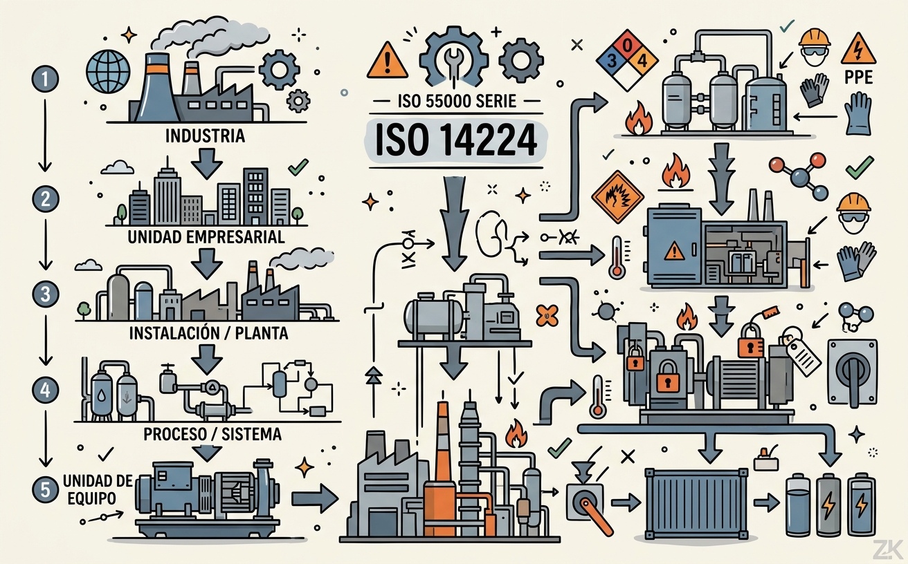 Diagrama de la taxonomía de 9 niveles de ISO 14224 desde industria hasta item mantenible en estilo flat minimalista
