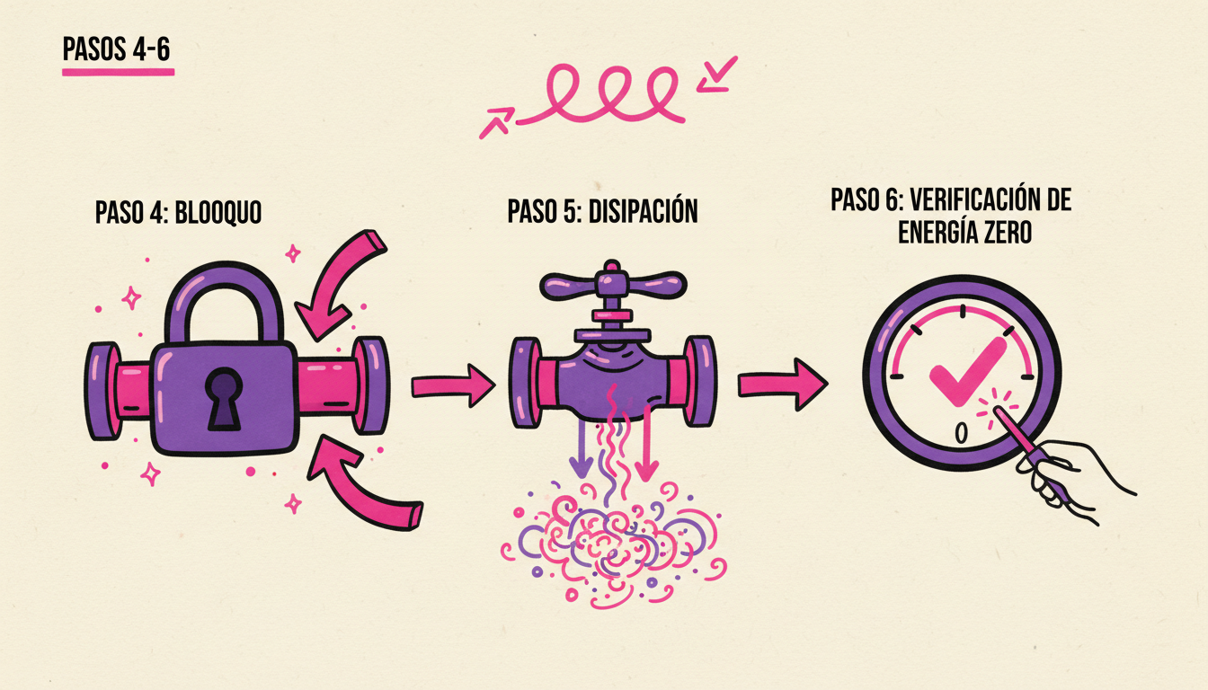 Pasos 4-6: Bloqueo, disipación y verificación de energía cero