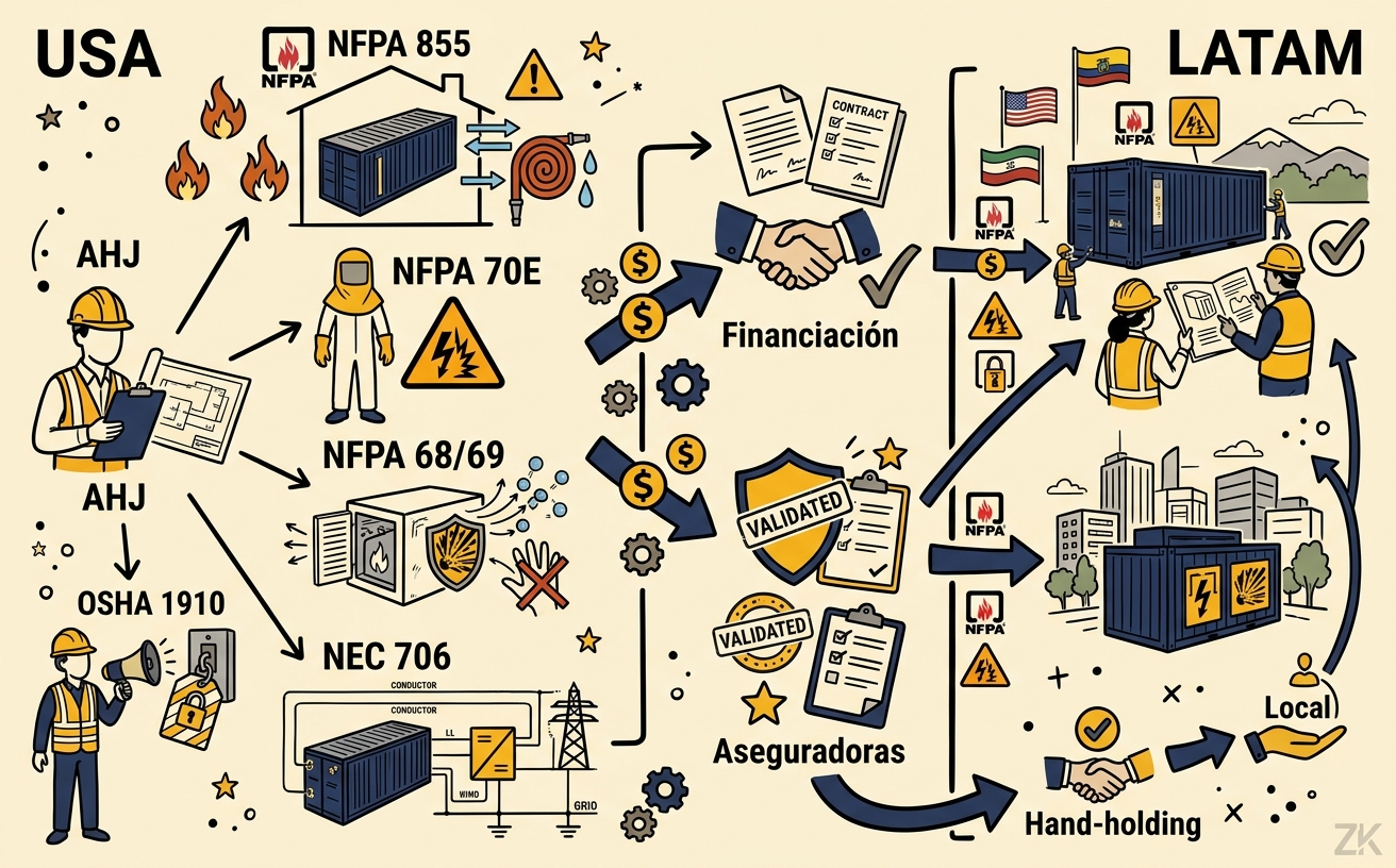 Sketch-note de jurisdicciones AHJ en USA y cómo se traslada a países de LATAM mediante financiación y aseguradoras