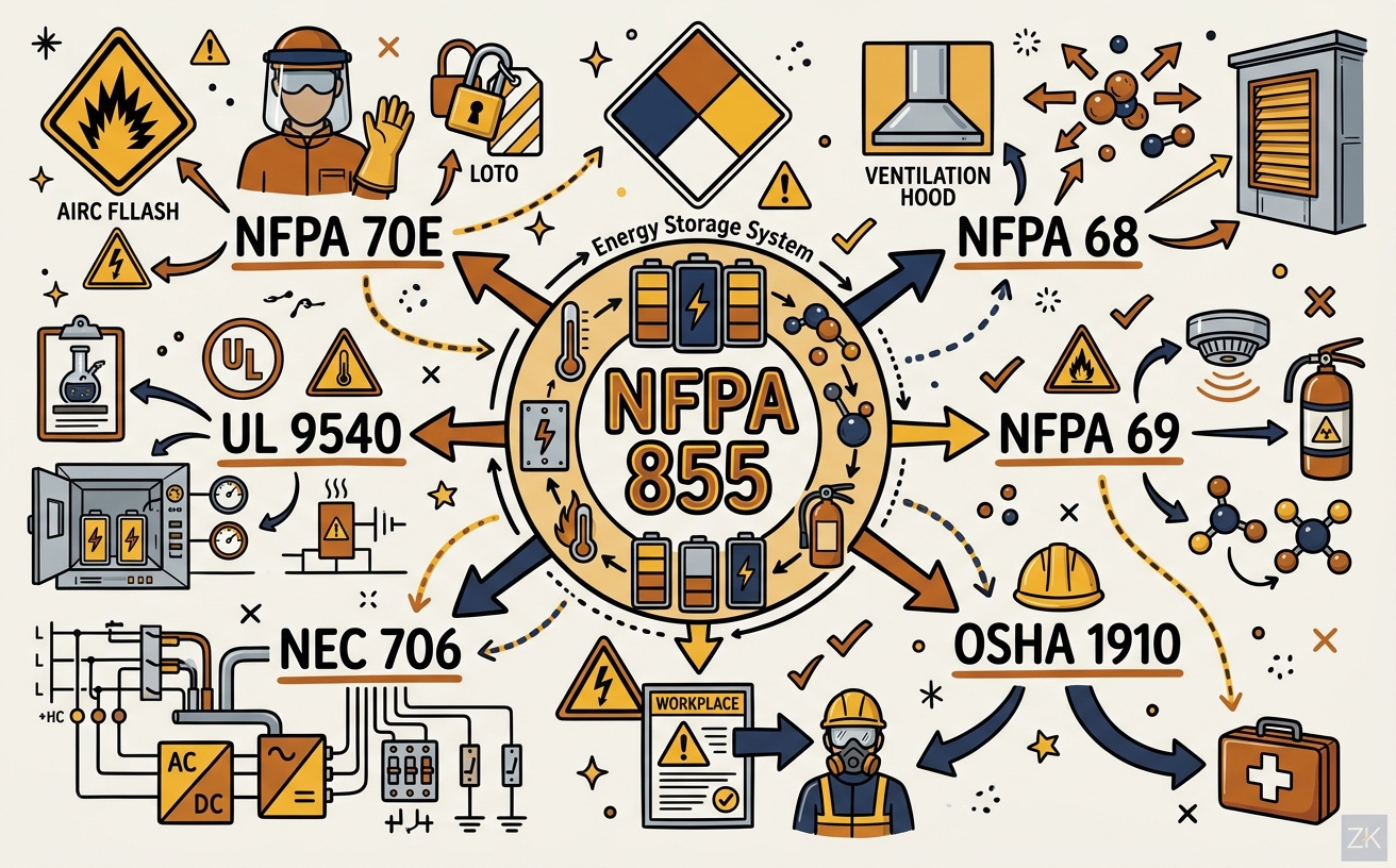 Sketch-note con mapa mental mostrando NFPA 855 al centro y ramas hacia NFPA 70E, 68, 69, OSHA 1910, NEC 706 y UL 9540