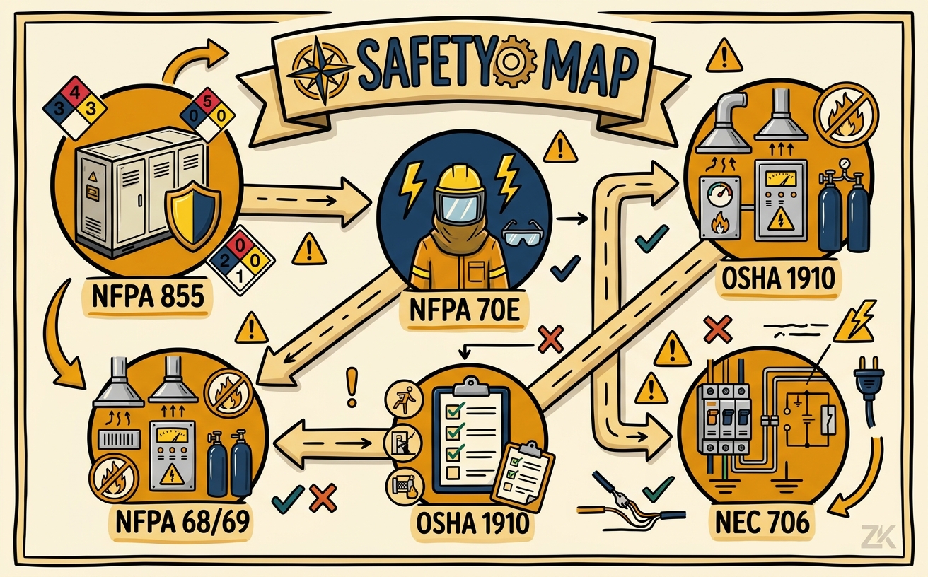 Mapa de Normativa: NFPA 855, 70E, 68/69, OSHA 1910, NEC 706