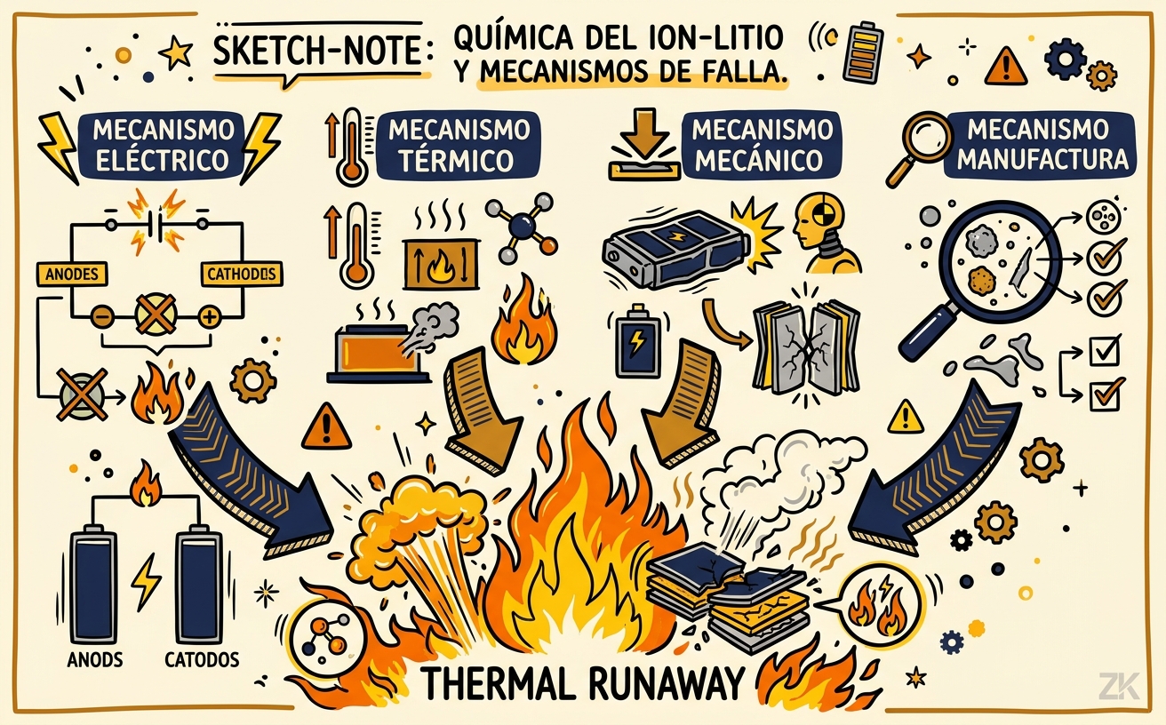 Sketch-note mostrando los cuatro mecanismos de falla: eléctrico, térmico, mecánico, manufactura, con flechas convergiendo a thermal runaway