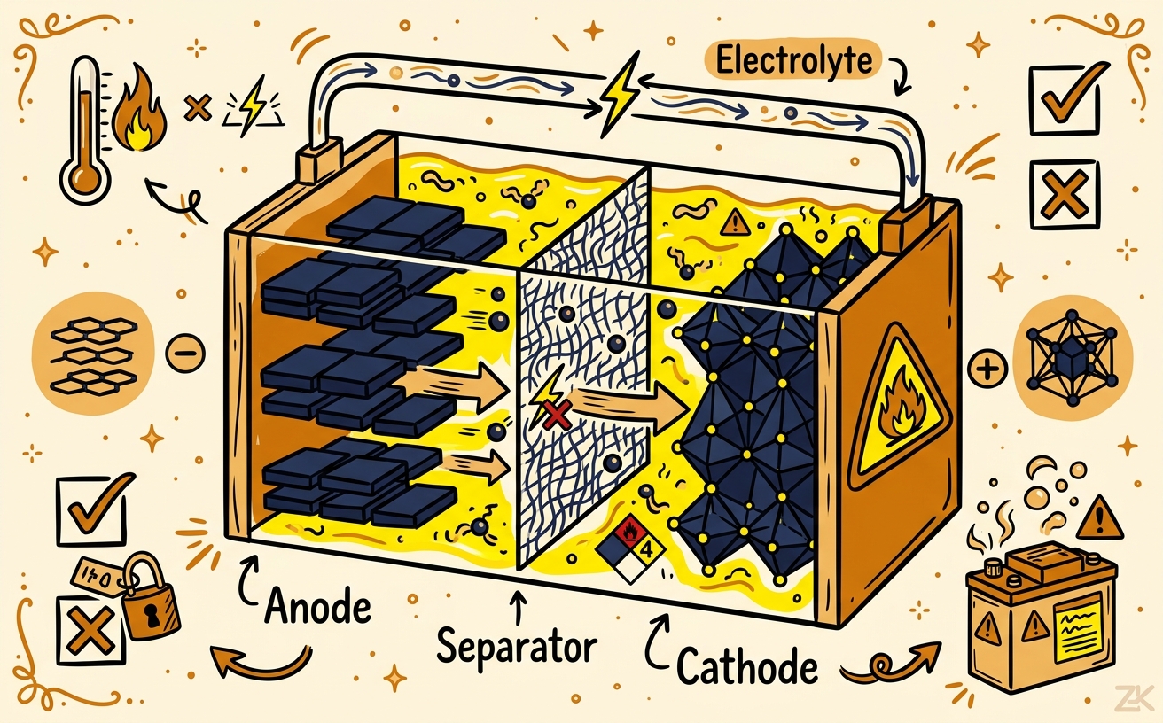 Diagrama sketch-note de una celda ion-litio mostrando ánodo, cátodo, separador y electrolito orgánico inflamable