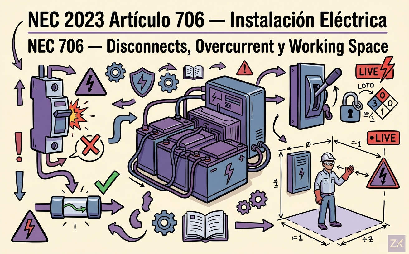 NEC 706 — Disconnects, Overcurrent y Working Space