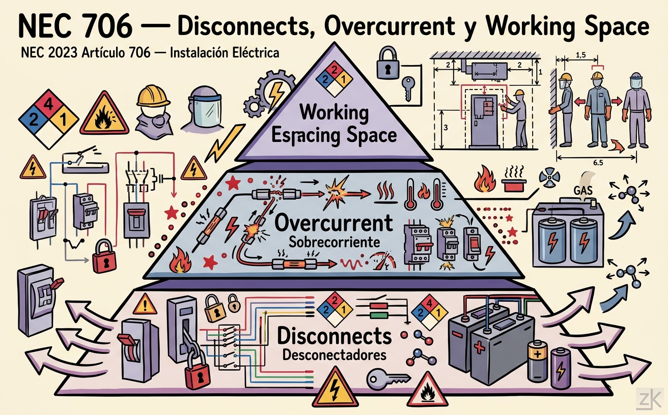 Resumen de la Lección: NEC 706 — Disconnects, Overcurrent y Working Space