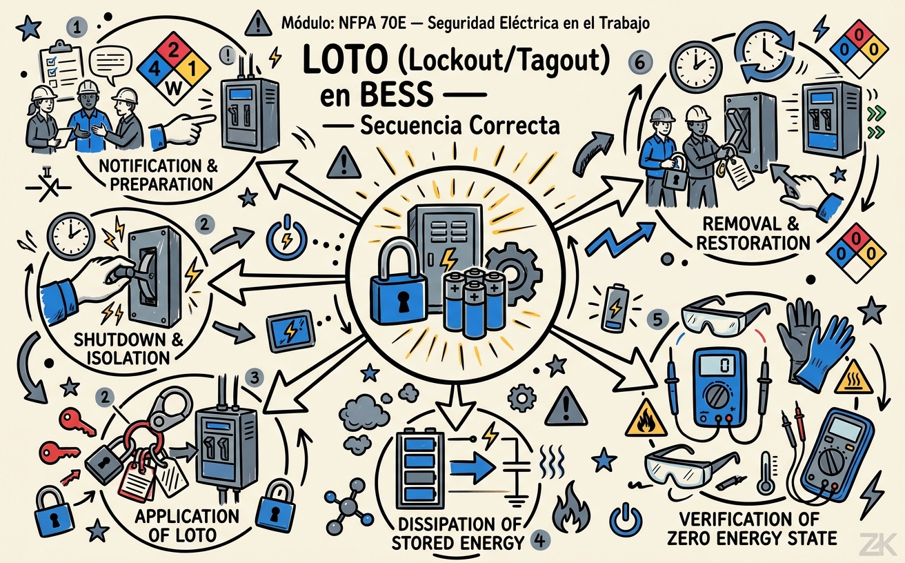 Resumen de la Lección: LOTO (Lockout/Tagout) en BESS — Secuencia Correcta