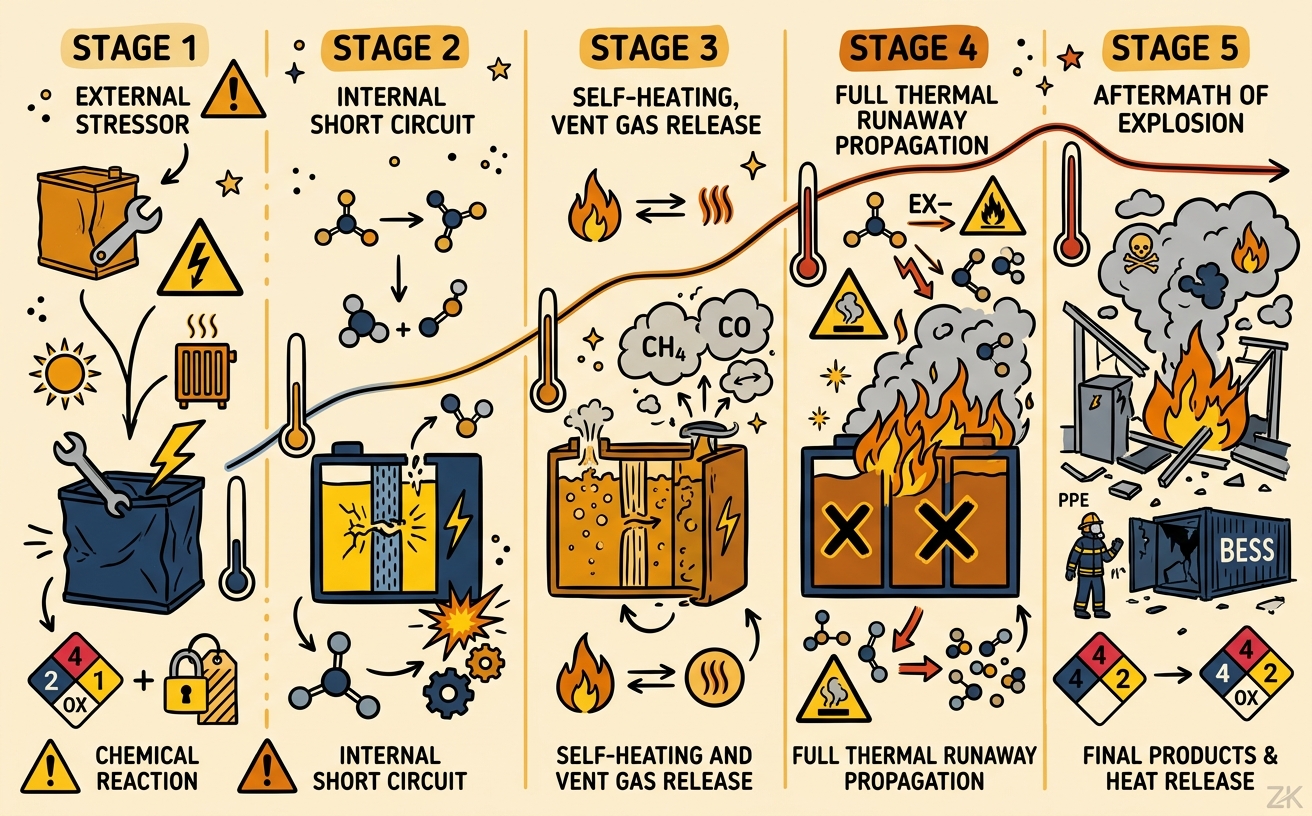 Sketch-note de las cinco etapas del thermal runaway con temperaturas y reacciones químicas clave