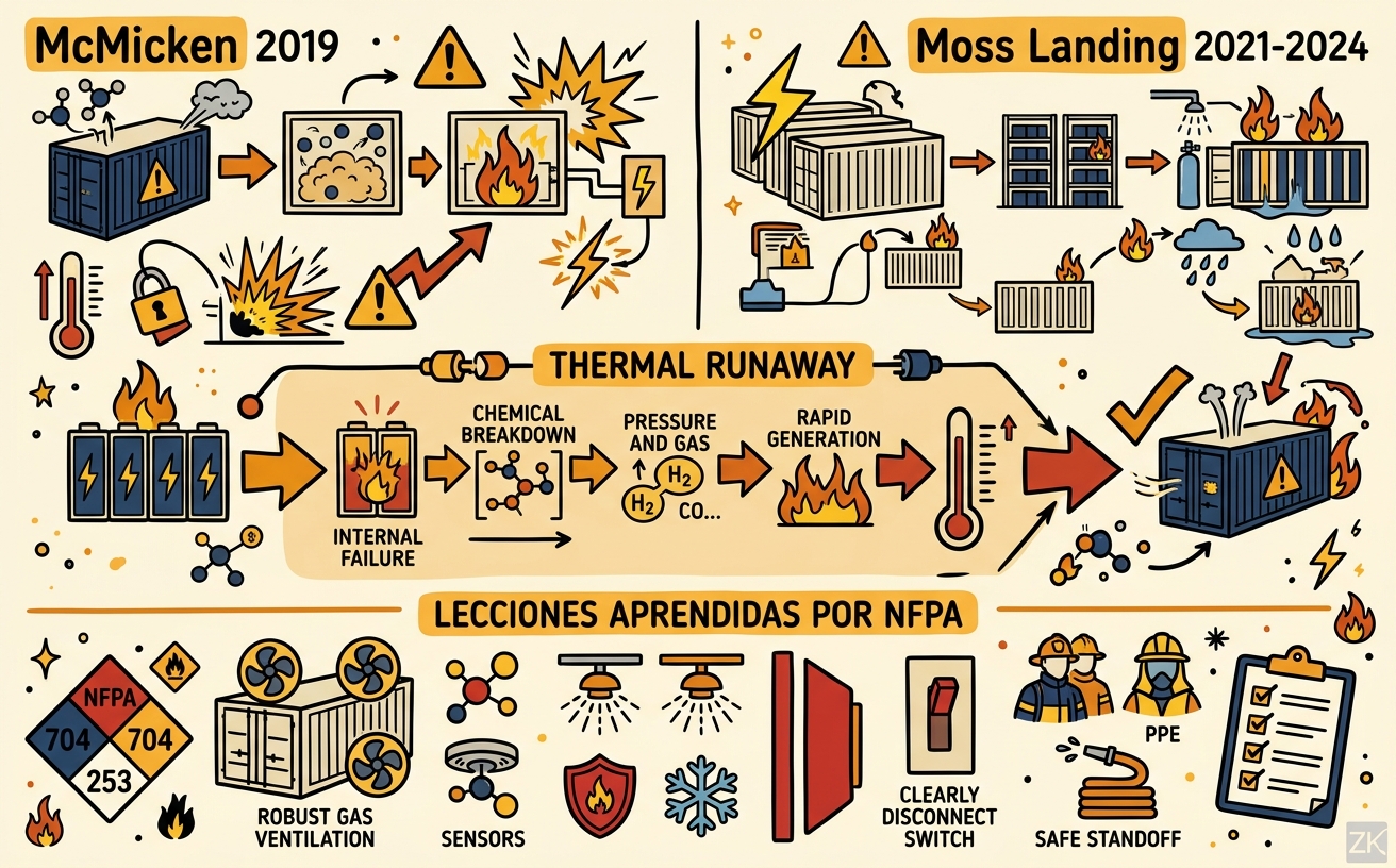 Sketch-note comparativo de los incidentes de McMicken 2019 y Moss Landing 2021-2024 con lecciones aprendidas por NFPA